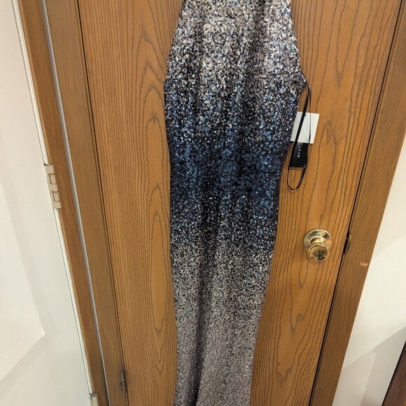 Betsy and Adam Long Sequins Gown with Halter Neck Sleeveless Blue/Silver Size 8 - Picture 2 of 6